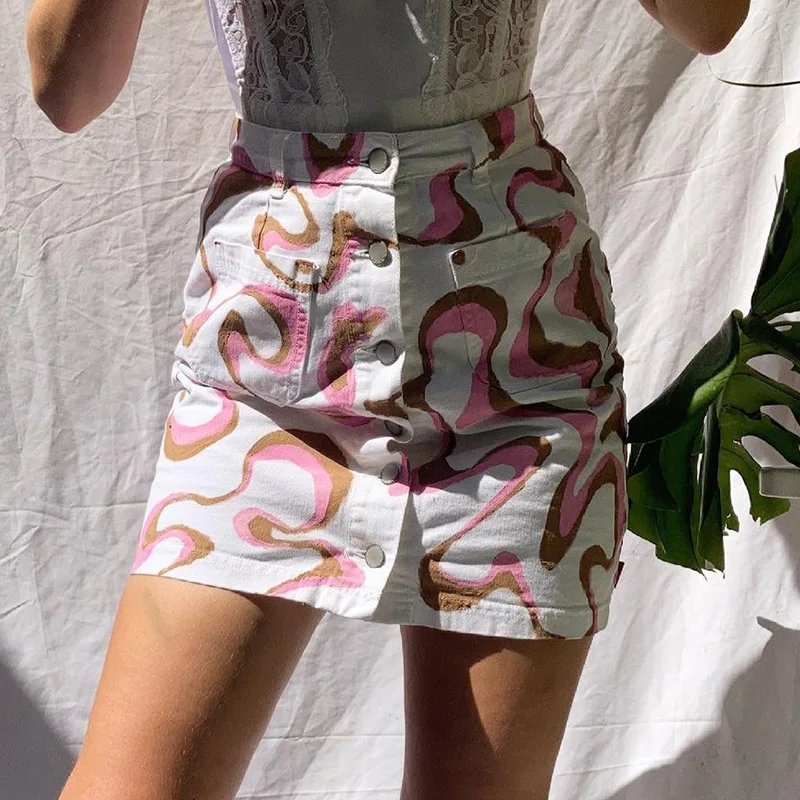 

Summer Girls Cotton New Sexy Ripple Printed Single Button Pattern Short Jean Denim Skirt, 1colors in stock