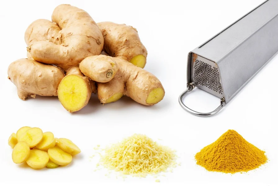 Fresh ginger root with grater and culinary applications showing sliced, grated, and powdered forms