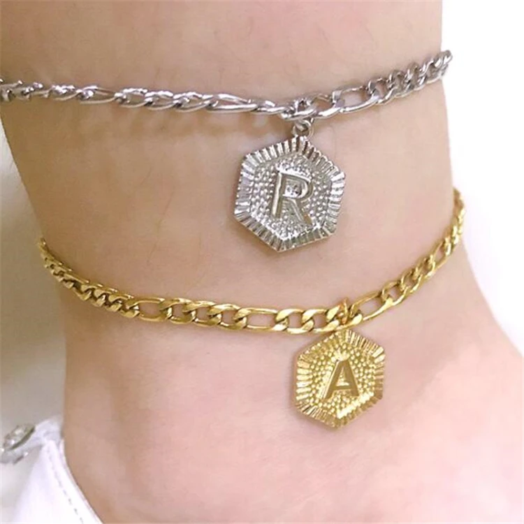 

Summer new ocean beach ladies anklet 26 English letters anklet electroplating copper alloy stainless steel hexagonal anklet, As the picture show