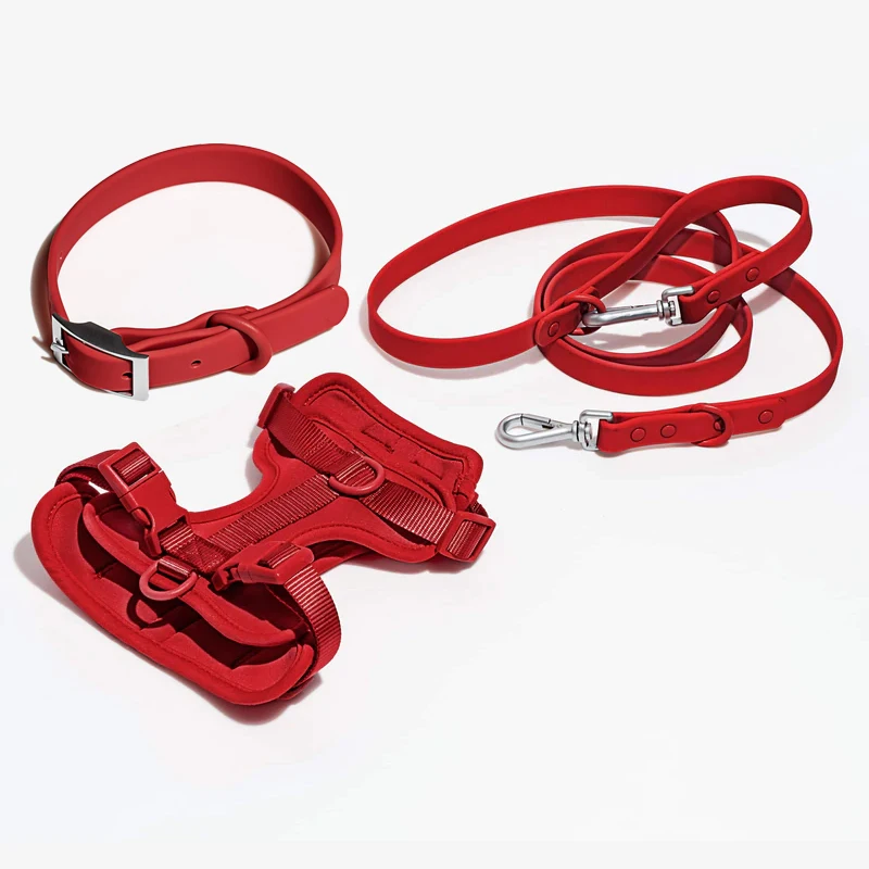 

Wholesale custom pvc pet leash collars waterproof soft pvc dog collar and leash harness set, 5 colors