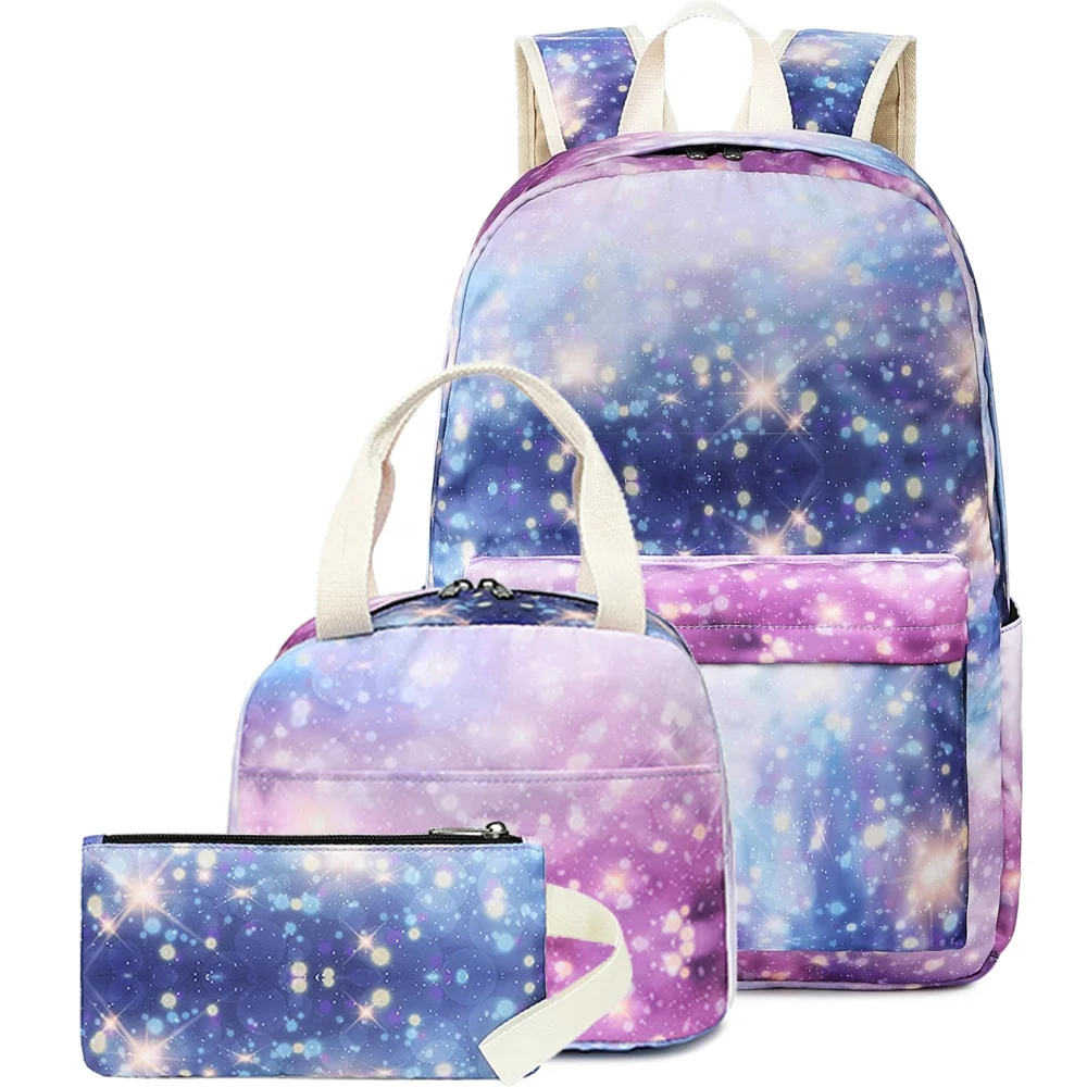 

Wholesale Custom Galaxy School Bag Student Bookbag Teenage Girls School Backpack with Insulated Lunch Bag and Pencil Case, Galaxy purple