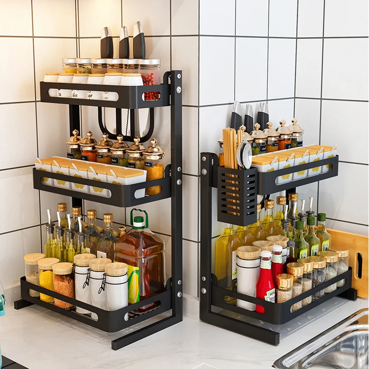 

201 Stainless Steel With Black Coating Standing Kitchen Bottle Jars Organizer Rack 2 layer 3 Tier Spice Rack