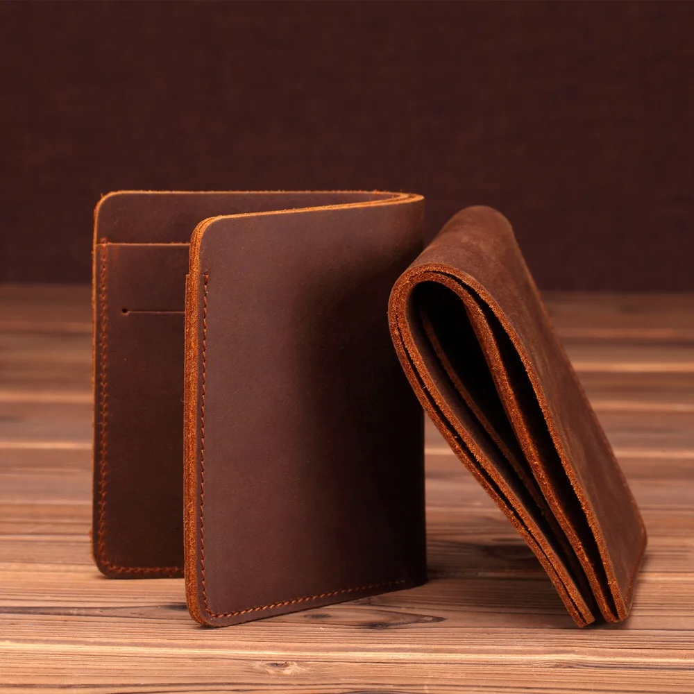 

Top Quality Vintage Retro Crazy Horse Leather Wallet Brown Handmade Mens Original Genuine Leather Bifold Wallet, Customized color