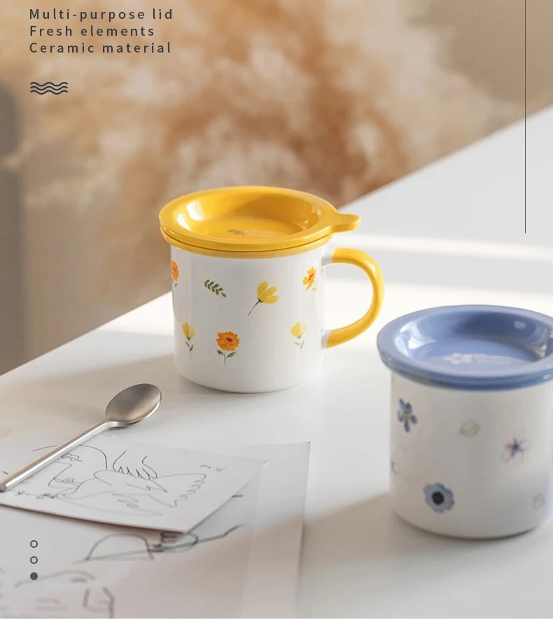 

Cute and fresh flowers with spoon and lid can be placed for snacks student custom ceramic mug, As shown