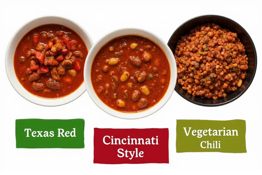 Three different chili variations in bowls showing Texas Red, Cincinnati Style, and vegetarian chili