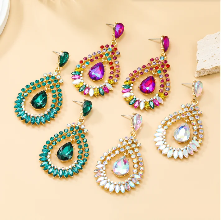 

Bohemian Colorful Rhinestone Glass Drop Geometric Earrings Jewelry For Women Crystal Dangle Statement Water drop Earrings