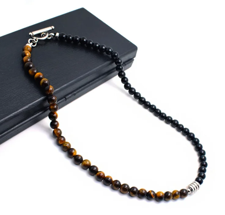 

18inch 2 colors natural beads with stainless steel chain tiger eye necklace