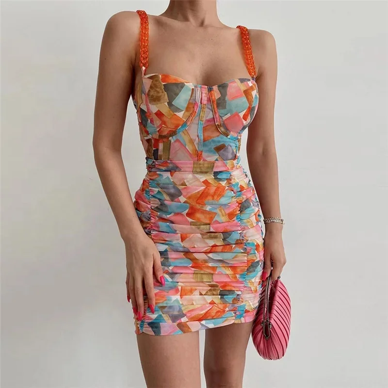 

2022 summer sling backless fashion print temperament slim fit hip casual dress