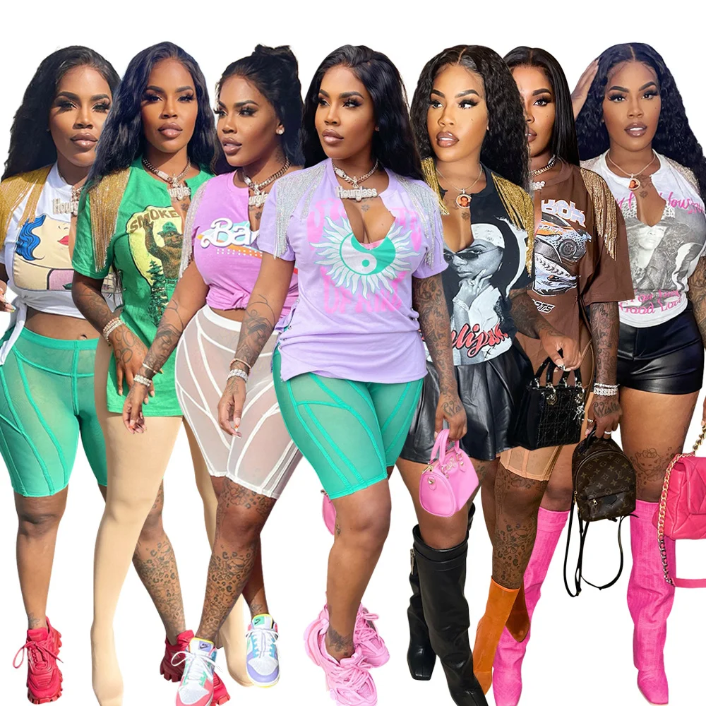 

2022 Summer Cotton Graphic Tee Shirt Print Casual Top Streetwear Short Sleeve Notched Neck T-Shirt Women, Picture color