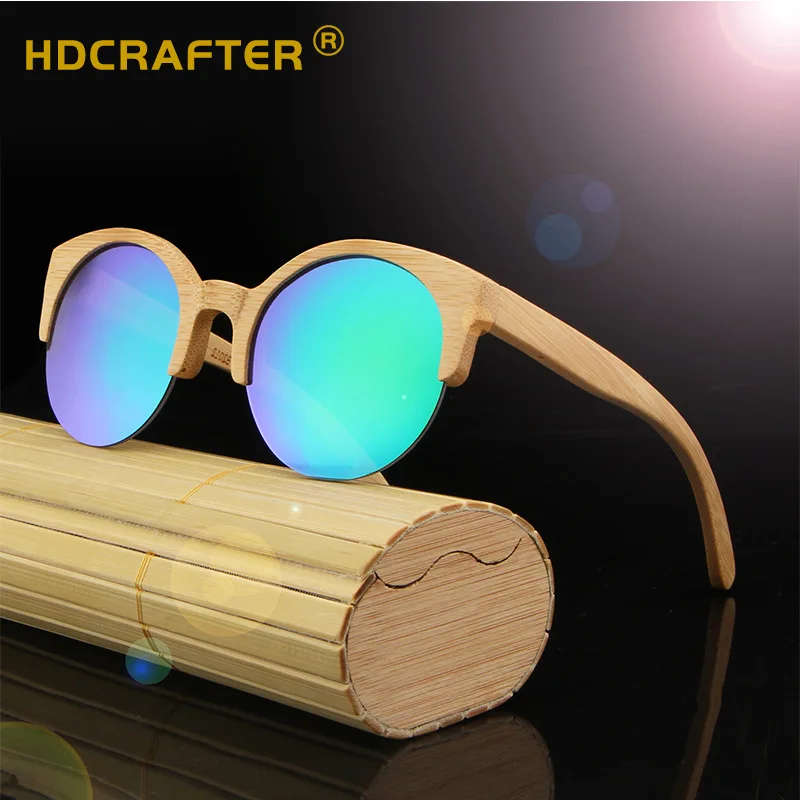 

HDCRAFTER2020 new design bamboo sunglasses half rim frame wooden women sunglasses vintage round men sun glasses