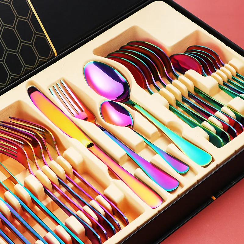 

Flypeak exquisite workmanship 24pcs flatware set 304 stainless steel forks and spoons flatware set cutlery with gift box, Customized color