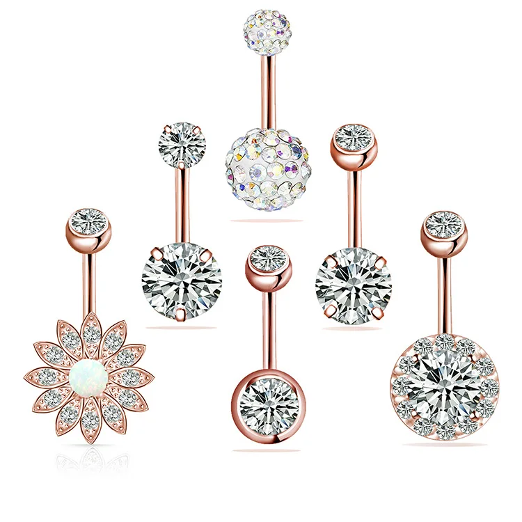 

6pcs/set Belly Button Rings Stainless Steel CZ zircon Opal Navel Rings Barbells Studs Women Girls Body Piercing Jewelry, Silver ,gold,rose gold