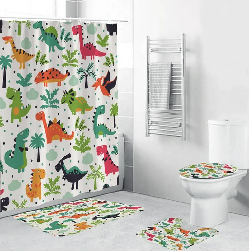 

i@home wholesale kids bathroom cartoon dinosaurs printed shower curtain sets with rugs 4 pieces, Colorful