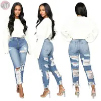 

9102506 new all-match distressed ripped straight High Waist Pants Jeans Women