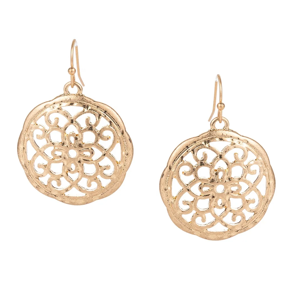 Elegant filigree cut pattern flower light hammered texture drop earring for women jewelry