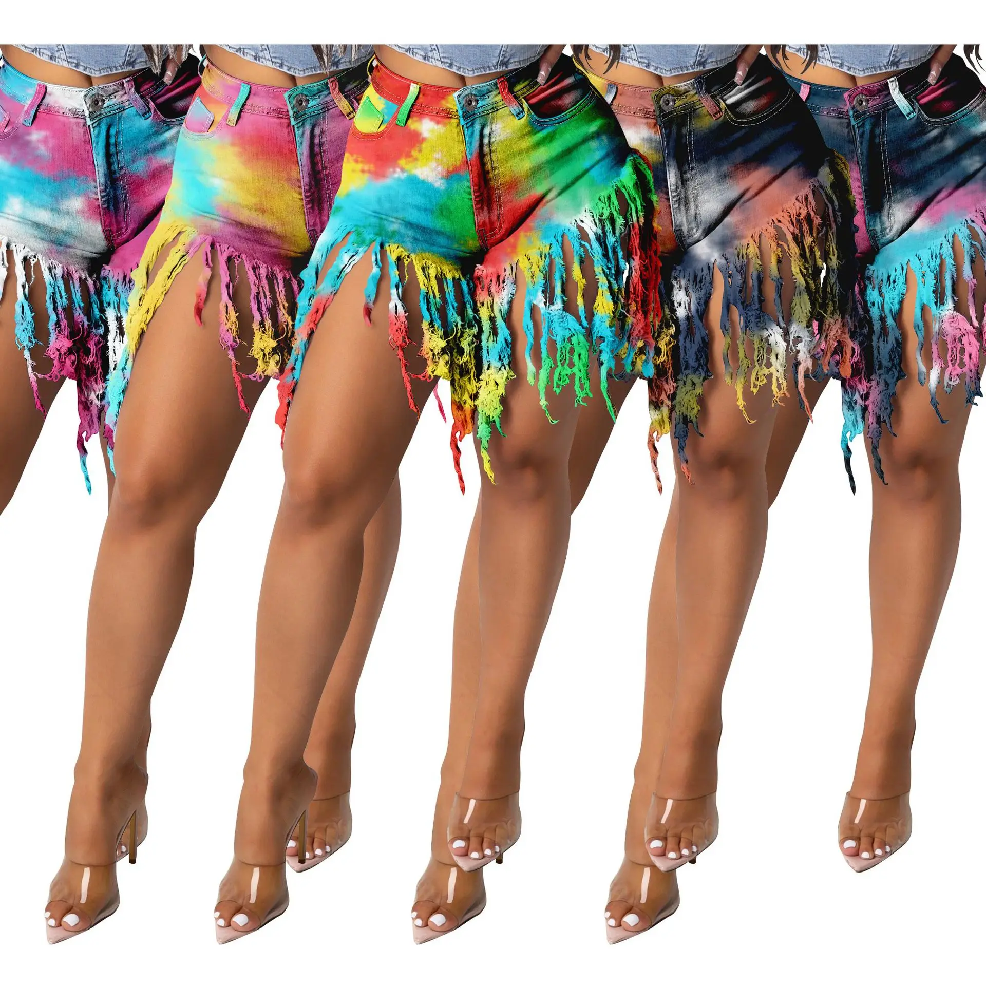 

GX6487 trending 2021 sexy summer women's shorts tie dye print denim jean shorts with tassel, Picture