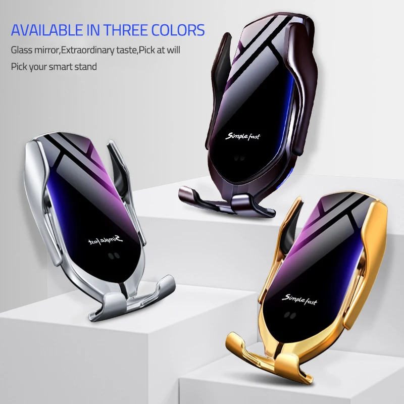 

Portable Universal Infrared Sensor Smart Automatic Clamp QI Car Air Vent Clip Stand Mobile Phone Wireless Fast Charger Holder, Black golden silvery
