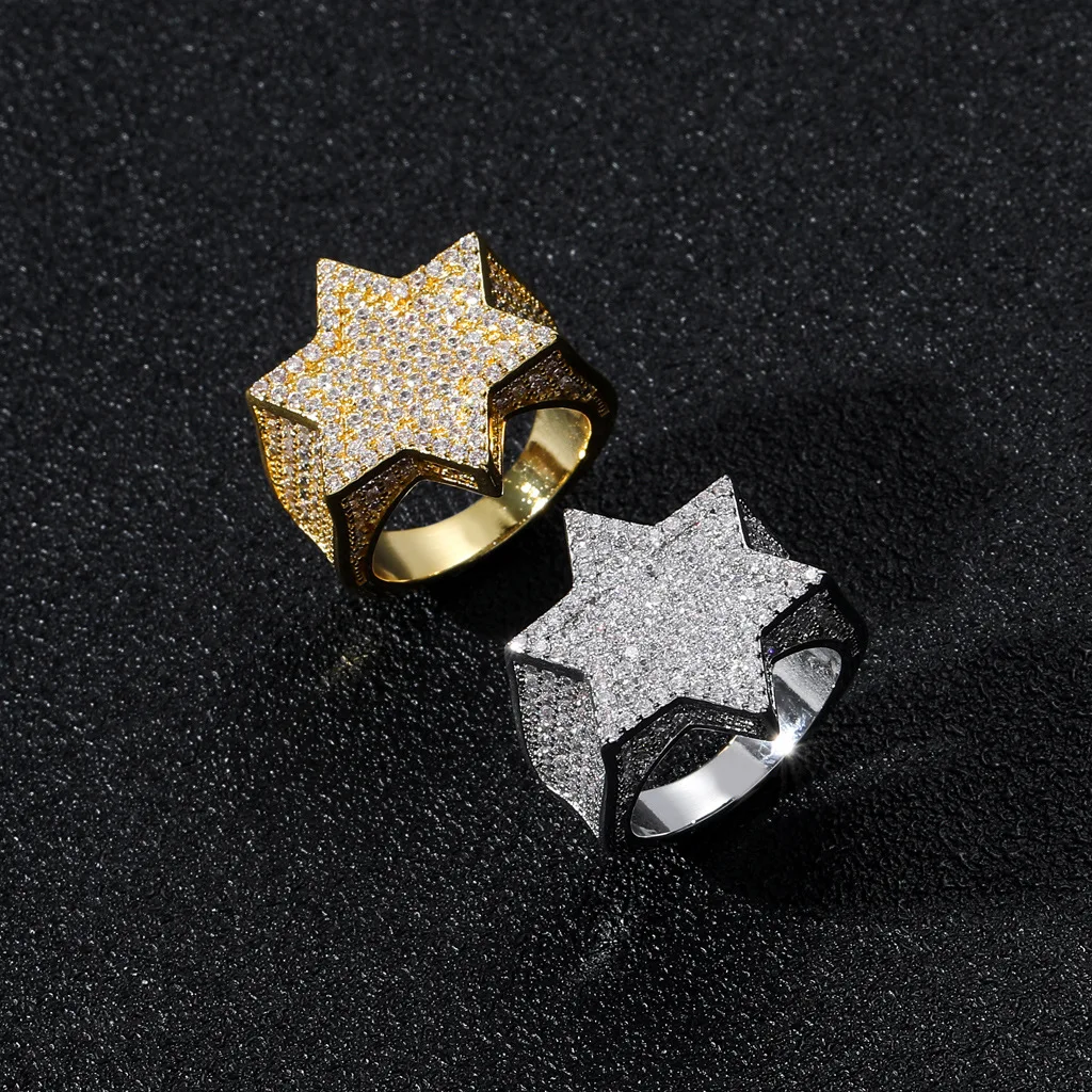 

New Hip-Hop Five-Pointed Star-Shaped Rings With Micro Pave 3A Cubic Zircon CZ Stone 18k Gold Rings Hip-Hop Jewelry, Gold silver