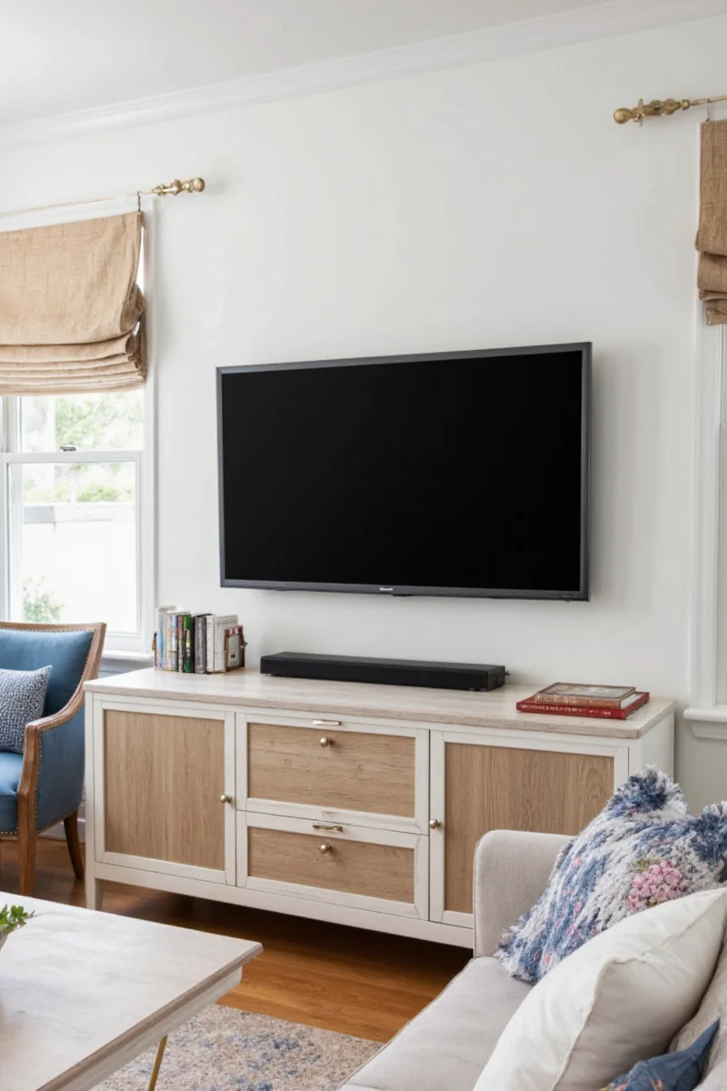 Built-in storage unit around TV with hidden tech compartment
