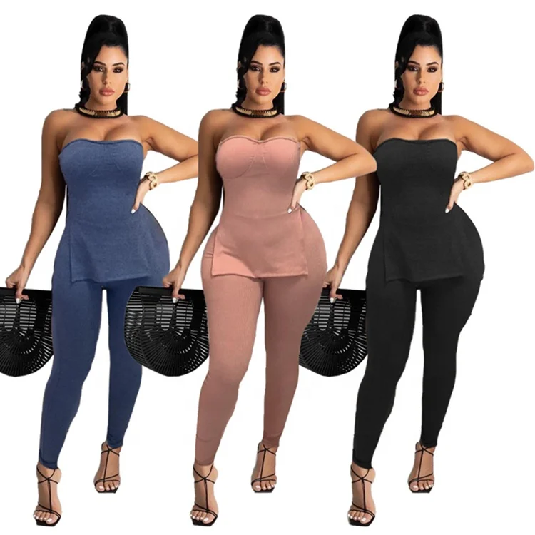 

Split Side Ribbed Strapless Top Pants Women Two Piece Summer Sets Sexy