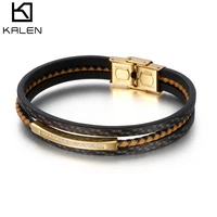 

KALEN Three-Layer Leather Steel Zircon Gold Charm Bracelet