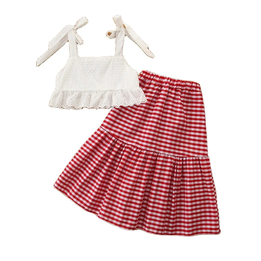 

2-7Y Kids Girls Holiday Clothes Sets 2pcs Lace Sleeveless Belt Vest Tops Plaid Skirts Outfits party dress for girls