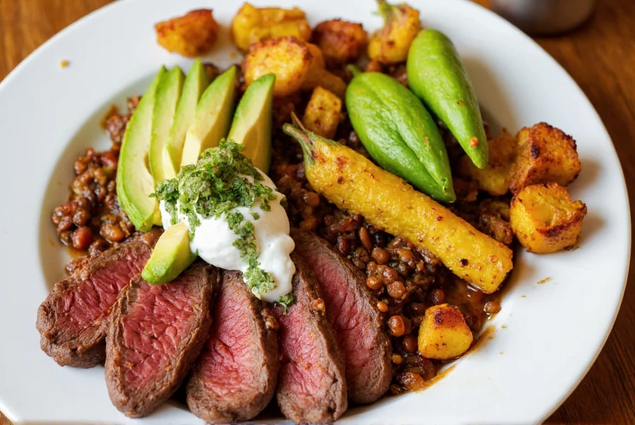 Plated sirloin chili steak with avocado slices, cilantro-lime crema, and roasted vegetables