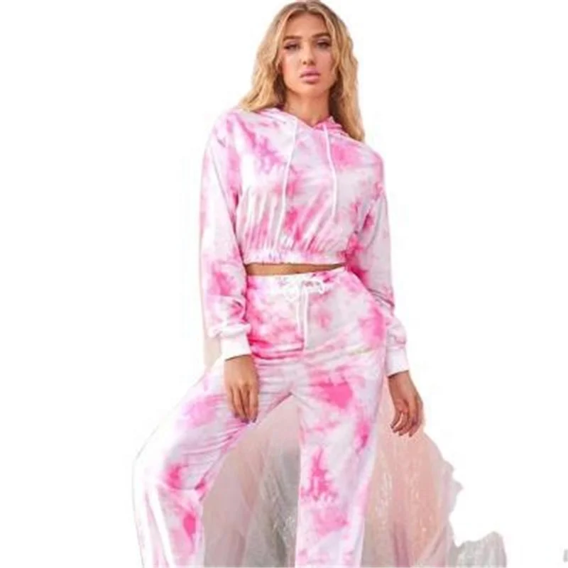 

Hot Selling Autumn Casual Wear Tie Dye Hoodies Two Piece Sets Womens Sweatshirts, Pink/gray/blue