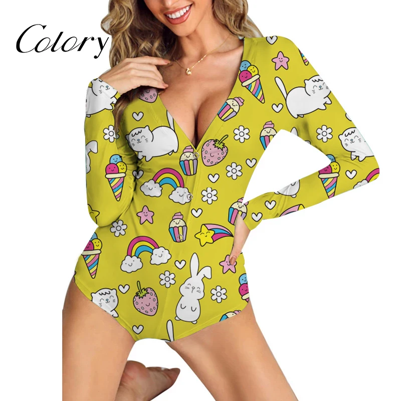 

Colory Printing Cartoon Characters Sleepwear V-neck One Piece Jumpsuit Designer Plus Size Onesie, Picture shows
