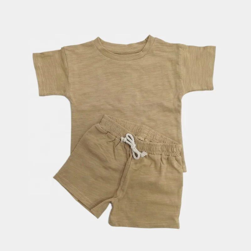 

100% Organic Cotton Slub Yarn Short Sleeve Baby t Shirt Set Baby Summer Set