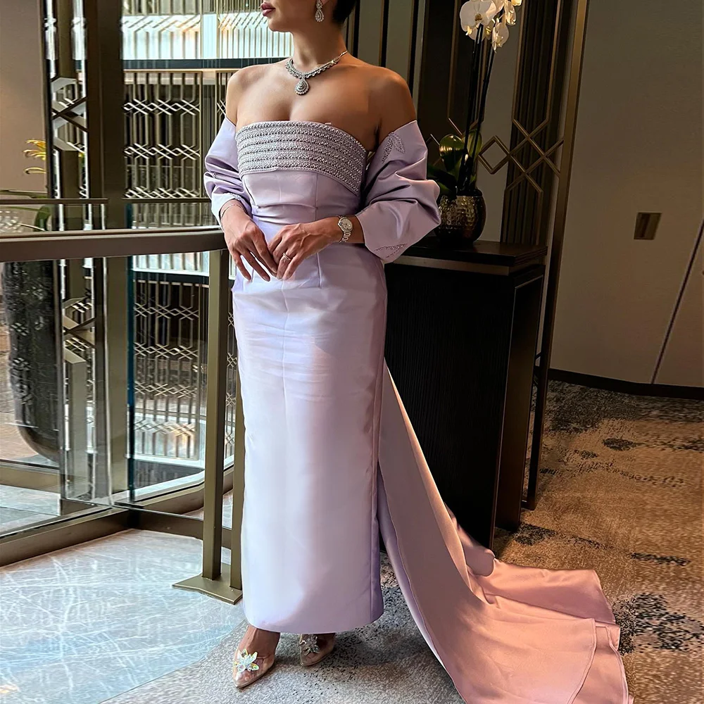 

Scz011 2023 Lilac Mermaid Dubai Luxury Evening Dresses With Bow Cape Beaded Arabic Women Wedding Formal Party Gowns