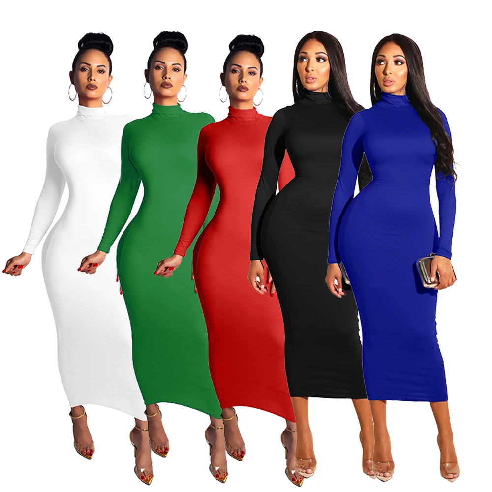 

Customize Logo 2021 Spring Aliexpress Hot Selling Casual Dresses Women Solid Color Long Sleeve Party Bodycon Dress, 10 color