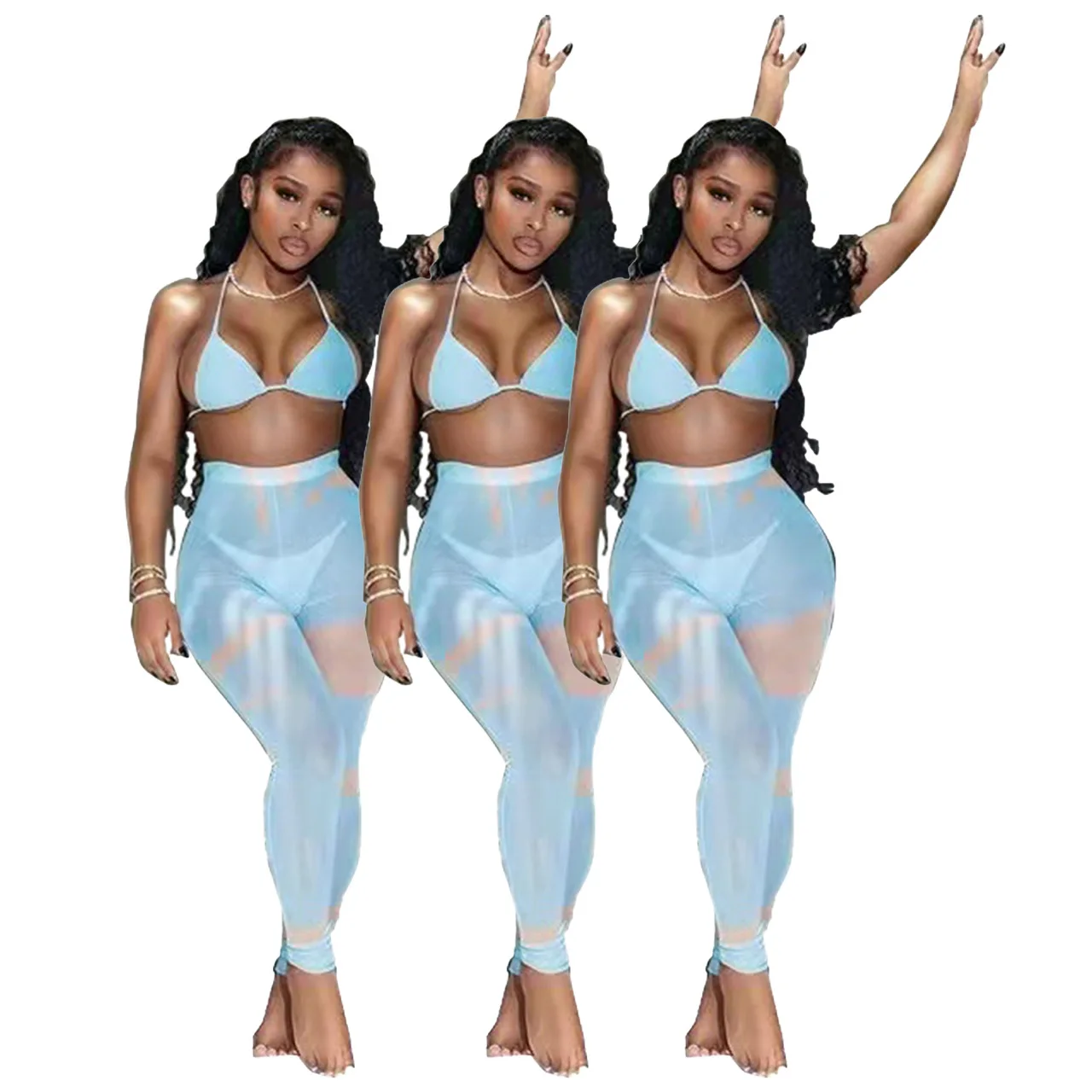 

2022 Summer Hanging Neck Solid Color Bikini Suit Sexy Split Body Backless Long Pant Swimsuits Mesh See Through Beach Cover Up, Customized color