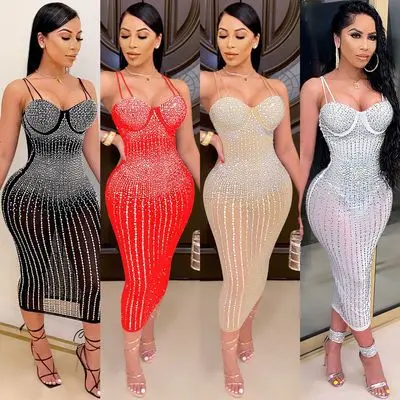 

2021 summer hot sale party sexy long deep v-neck shoulder off sleeveless slim diamond cryst bodycon bling women dresses for club