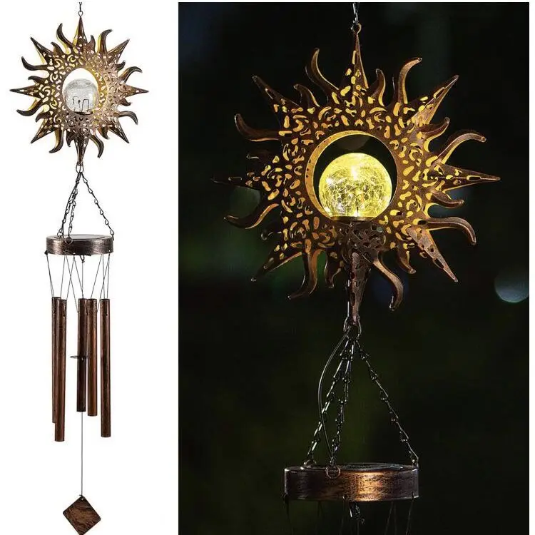 

Outdoor Solar Powered Hanging LED crackle glass ball solar sun wind chime lights for garden decoration
