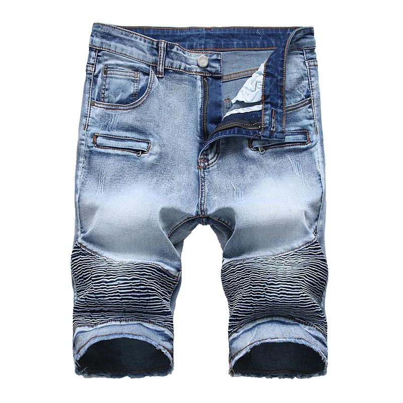 

New design summer denim wrinkled jeans denim stretch biker shorts pants for men, Picture