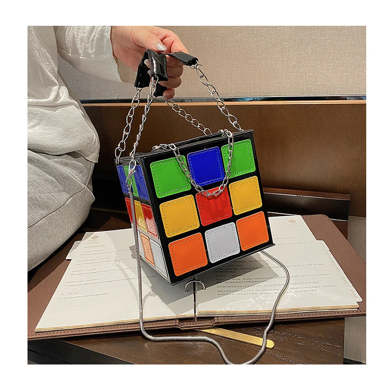 

2021 New Fashion Cute Rubik's Cube Shape Hand Bag women PU Colorful Magic Cube purses and handbags luxury designer Box Totes