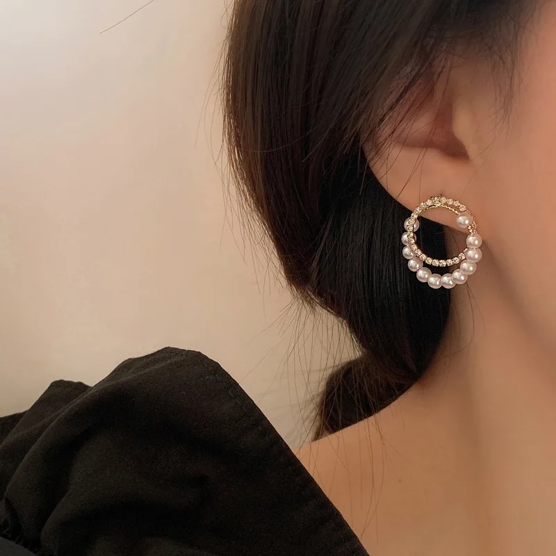 

JuHu 925 Silver Needle French Retro Diamond And Pearl Two-layer Earrings