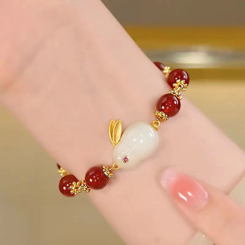 

Pulsera Conejo Chinese Zodiac Pendant Bracelet Wholesale Crystal Bracelet Lucky Jade Rabbit Bracelet for Women