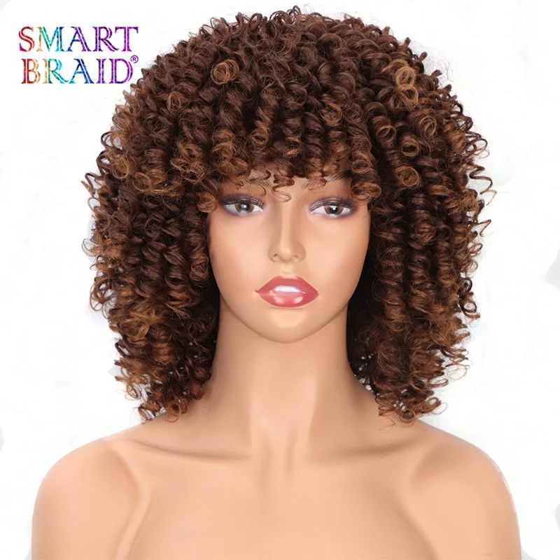 

Wholesale Cheap Afro Kinky Loose Curly Wave Wig Brown Short Bob Wig With Bangs For Black Women Synthetic Hair Wigs