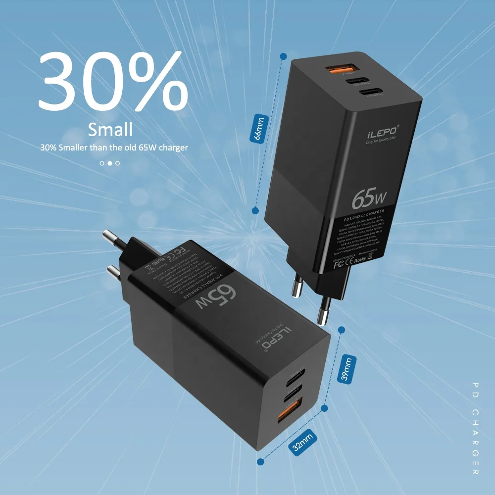 

GaN 65w QC4.0 PD3.0 PD charger Quicker Charge USB charger for Laptop Type-c PD Wall Charge Mobile Phone 65w PD Charger