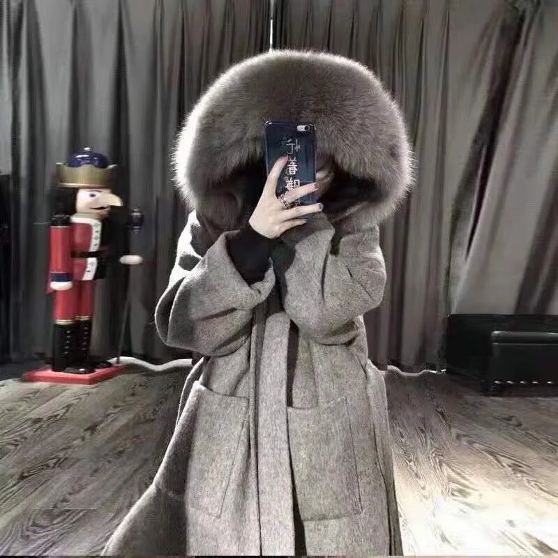 

New fashion blend fur wool coat ladies with real fox fur winter cashmere wool trench coat plus size hooded trench, Picture