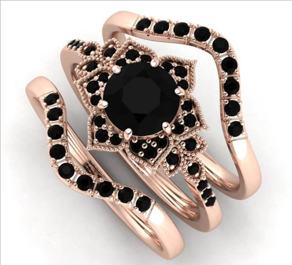 

Beautiful 14K Rose Gold Round Cut Black Sapphire Lotus Flower Engagement Wedding Fashion Ring Set Women's