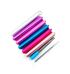 Image of Wholesale eco-friendly folding steel straws collapsible telescopic metal straw with keyring