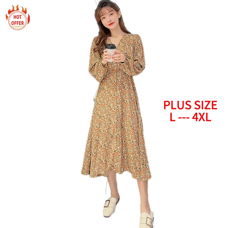 

New Hot V-Neck Long Sleeve Stylish Sexy Elegant Chiffon Floral Maxi Woman's Summer Casual Plus Size Dress, Orange