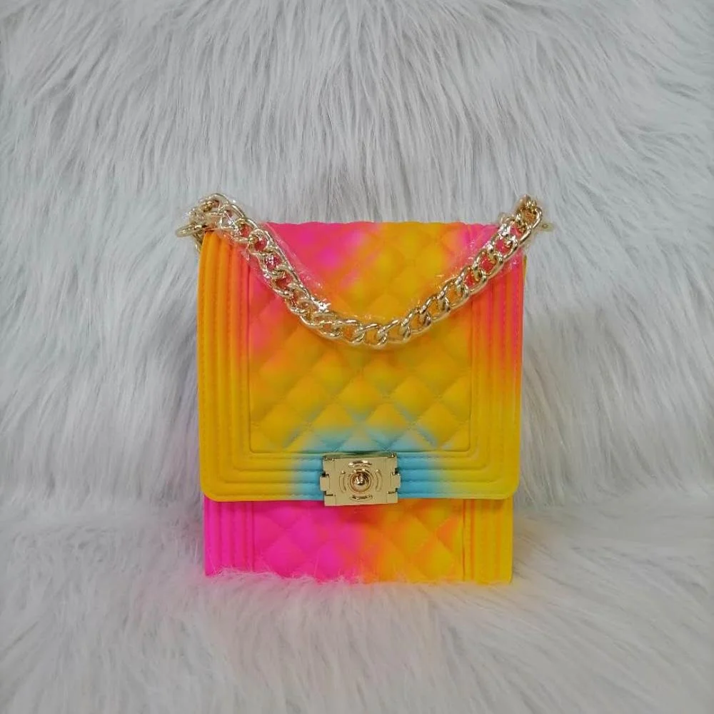 

GW 2020 wholesale designer handbag rainbow PVC shoulder handbags purse gradient jelly crossbody bag with chain, Rich