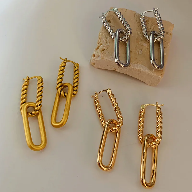 

JUHU INS fashion temperament earrings female personality geometric twist lock double ring simple drop earrings jewelry wholesale, Gold