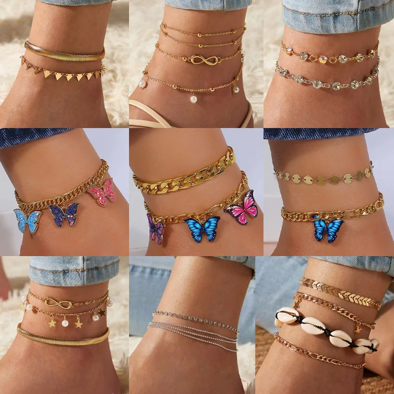 

Fashion Beautiful Alloy Ankle Bracelets Jewelry Gold Letter Butterfly Initial Diamond Anklets for Women