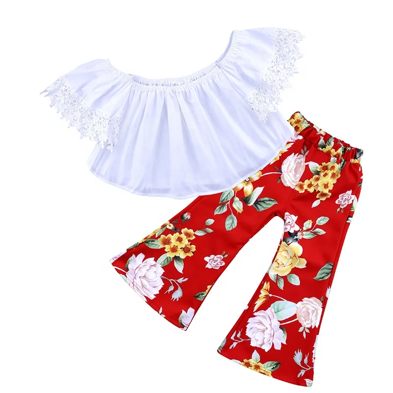 

Girls dress set girls off shoulder lace T-shirt and Red Printed flared pants