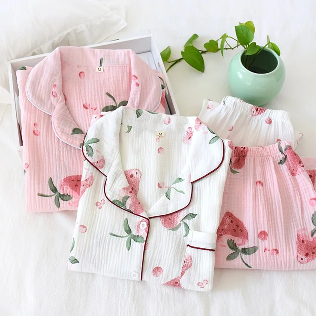 

Wholesale Long Sleeve Women Pajamas Cotton Home Suit Spring Autumn Korean Printed Sleepwear Set Female Loose Homewear, Pink white floral print women pajamas